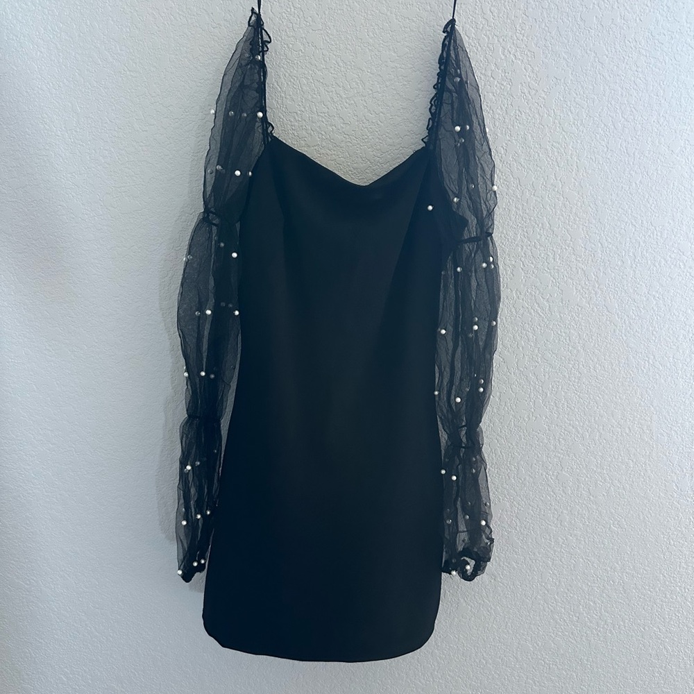 Black Mini Long Sleeve Dress With Pearls